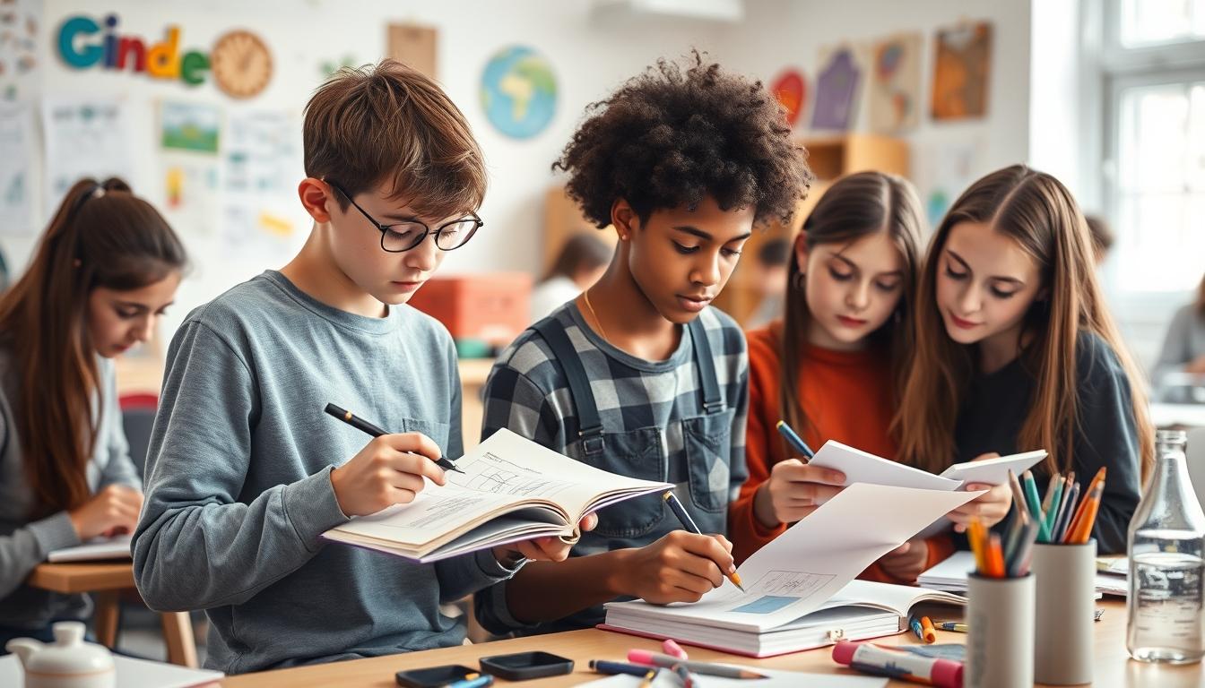 Students studying together in modern classroom